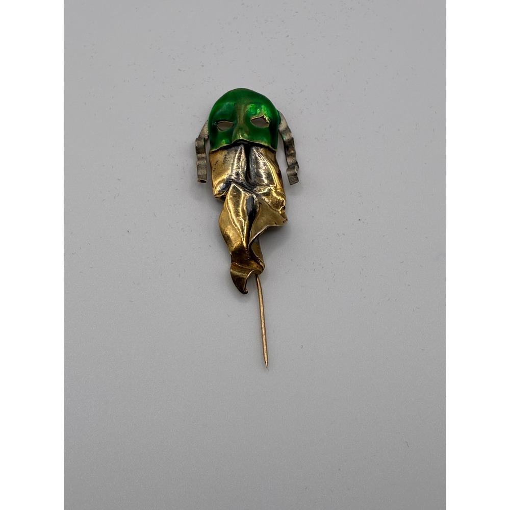Vintage 12kt Gold Filled Green Enamel Theater Mask Stick Pin Signed Jewelry